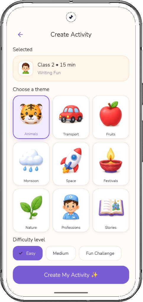 Create activity — choose theme and difficulty