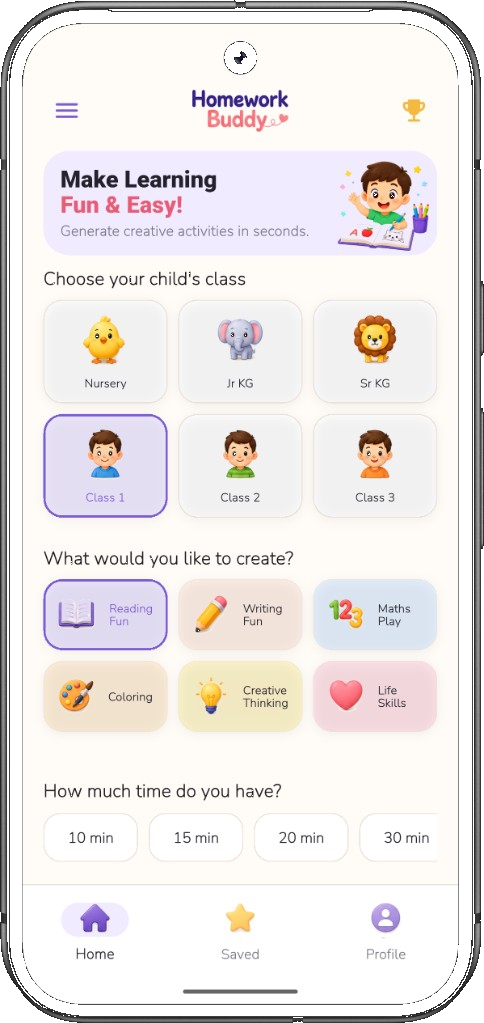 Home screen — choose class, activity, and duration