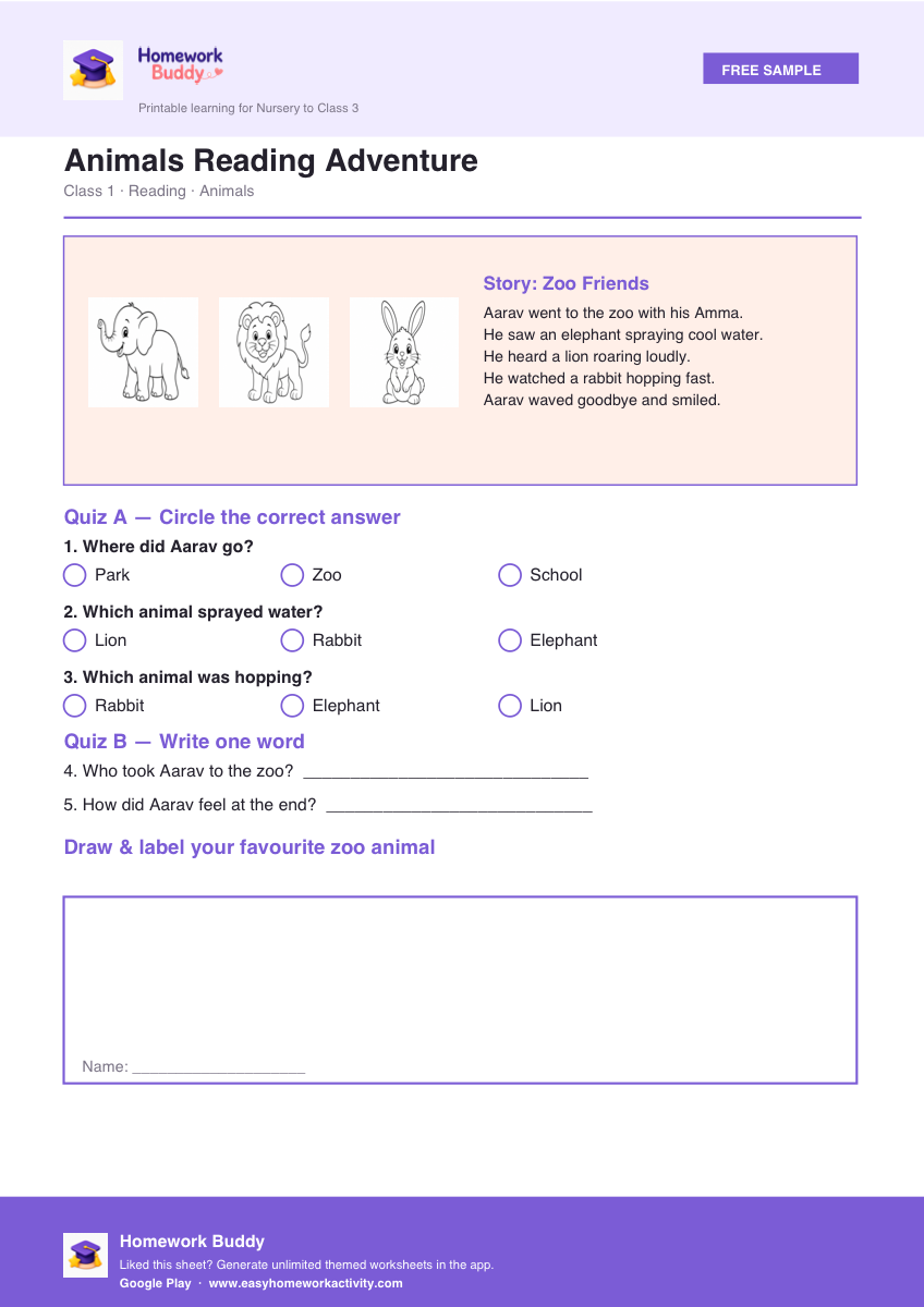 Class 1 animals reading worksheet printable preview