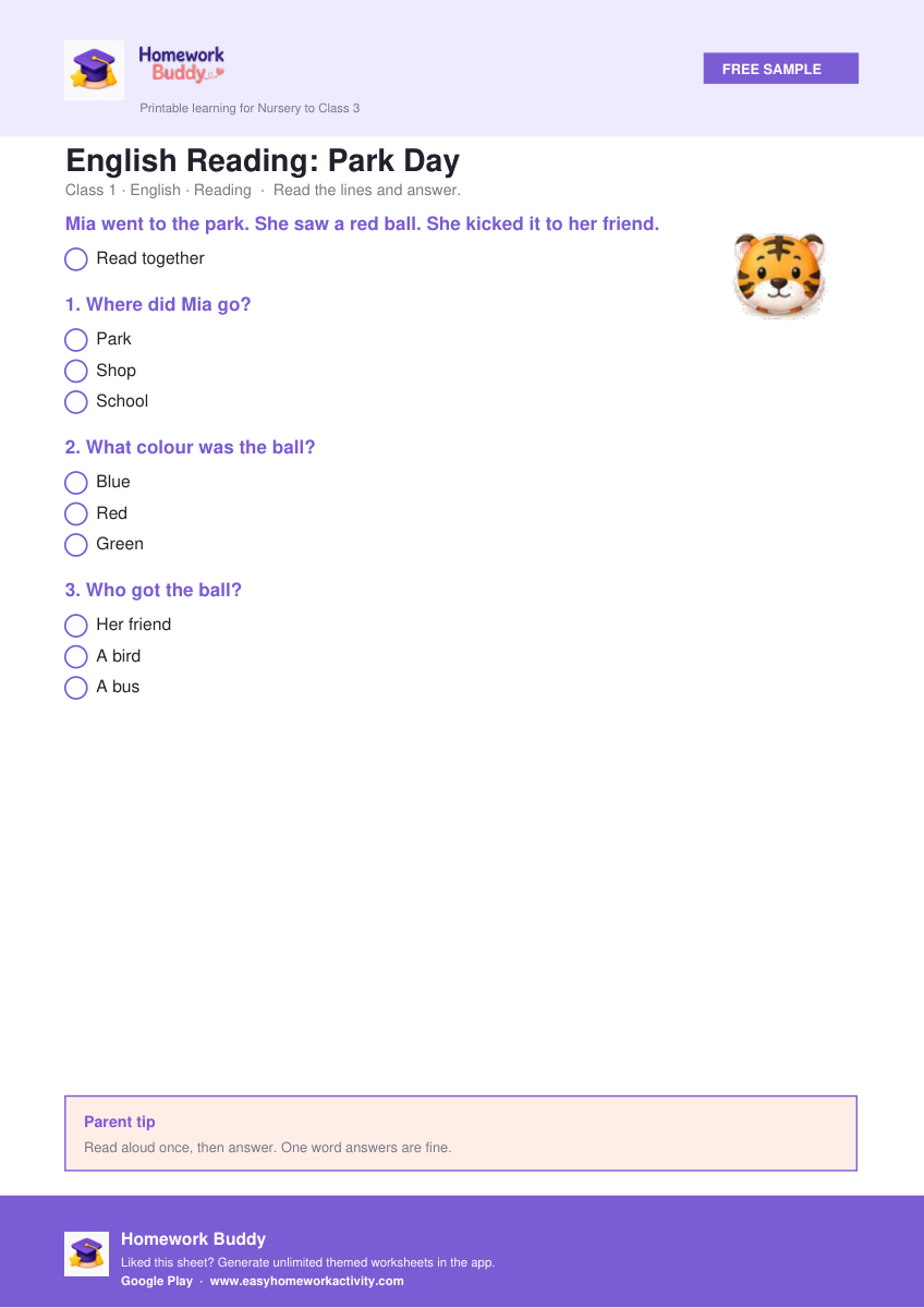 English Reading: Park Day — free printable class 1 worksheet preview