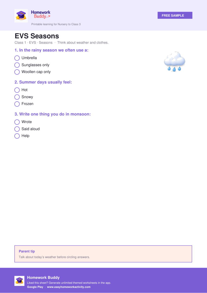 EVS Seasons — free printable class 1 worksheet preview