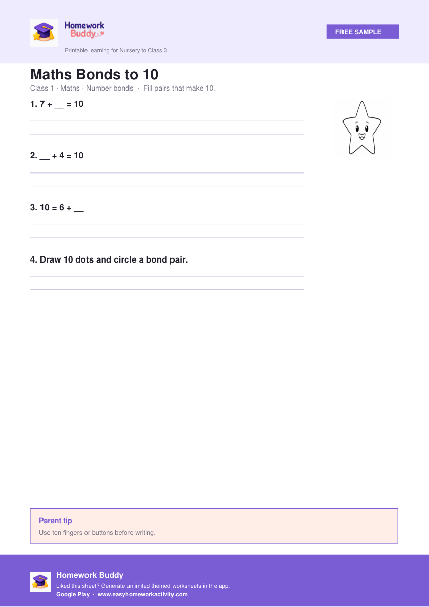 Maths Bonds to 10 — free printable class 1 worksheet preview