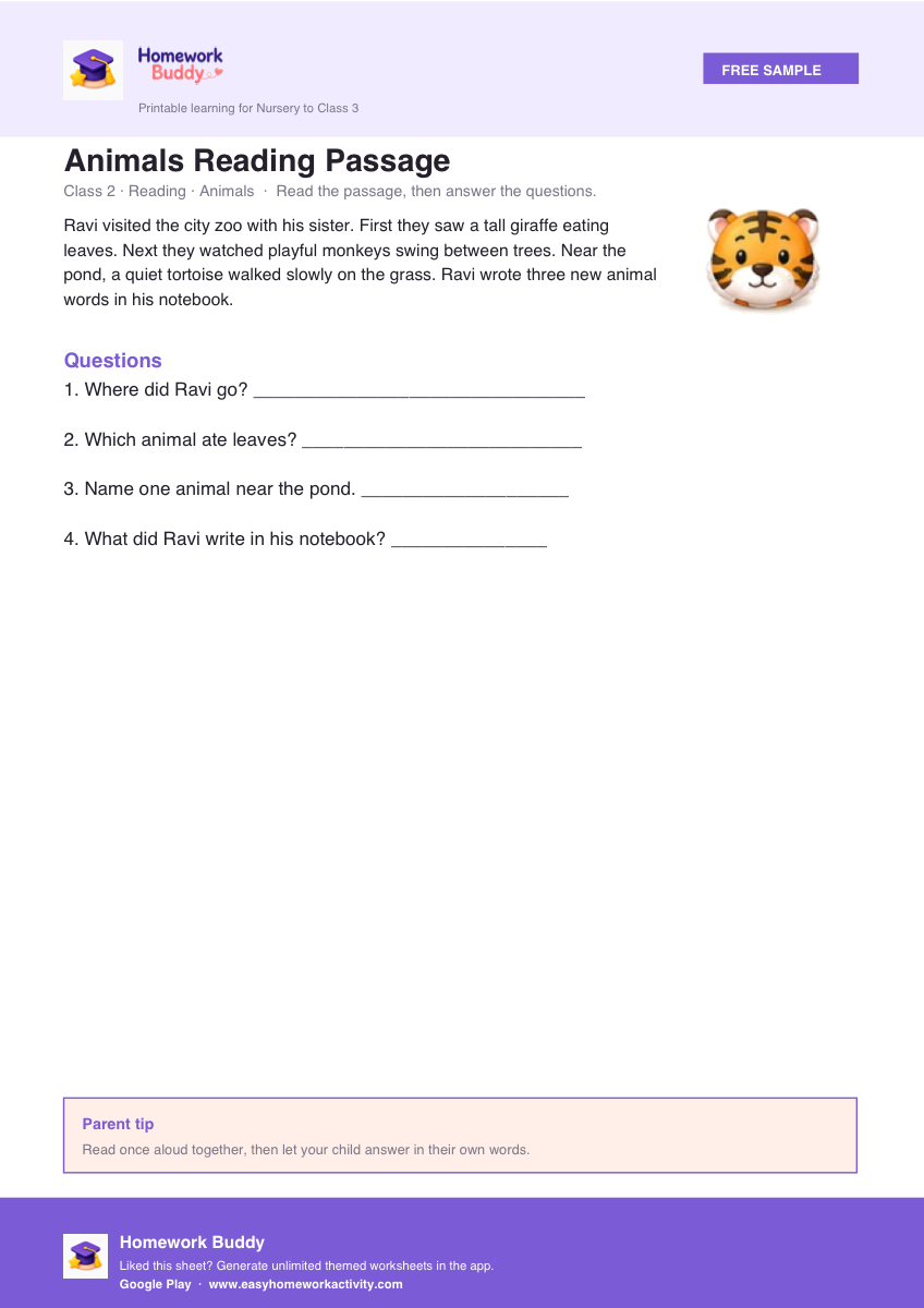 Class 2 animals reading comprehension worksheet printable preview