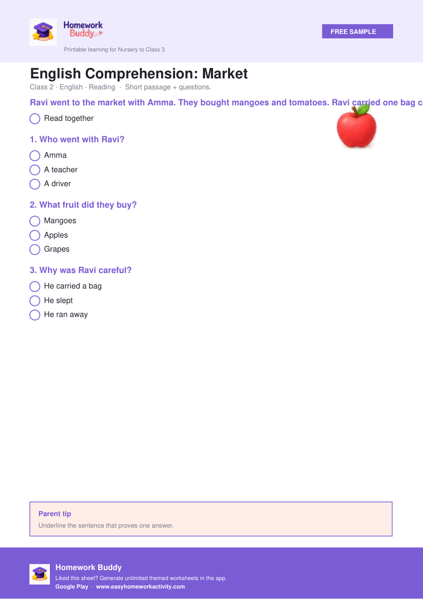 English Comprehension: Market — free printable class 2 worksheet preview