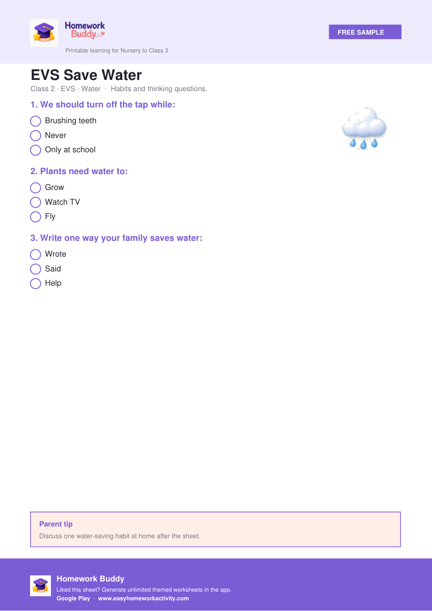 EVS Save Water — free printable class 2 worksheet preview