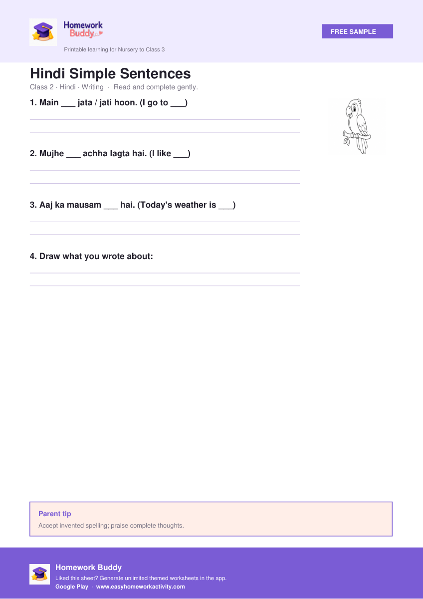 Hindi Simple Sentences — free printable class 2 worksheet preview