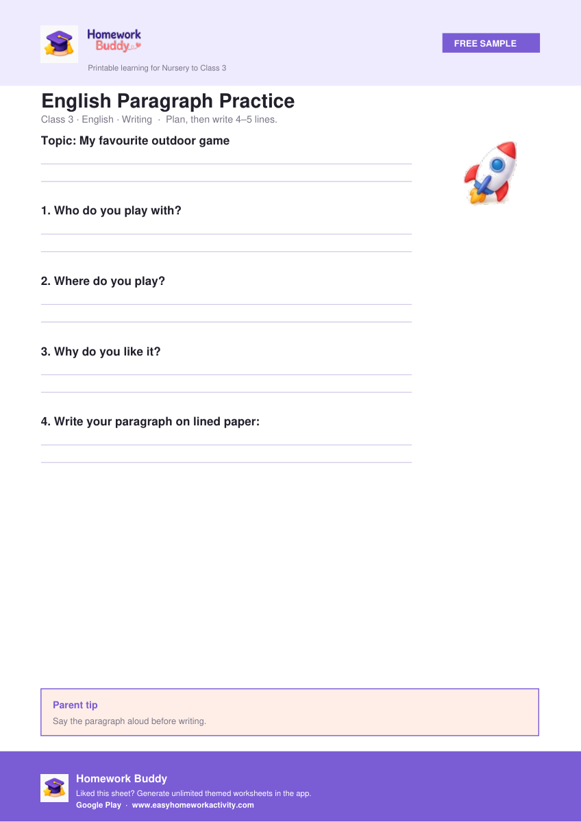 English Paragraph Practice — free printable class 3 worksheet preview