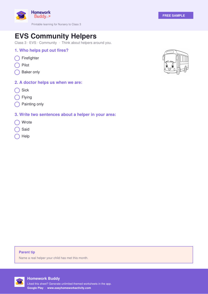 EVS Community Helpers — free printable class 3 worksheet preview