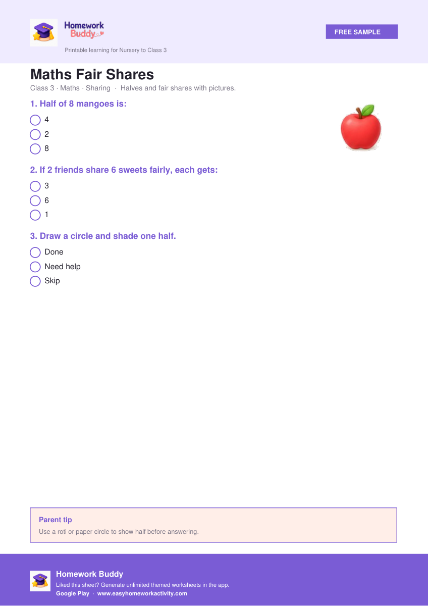 Maths Fair Shares — free printable class 3 worksheet preview