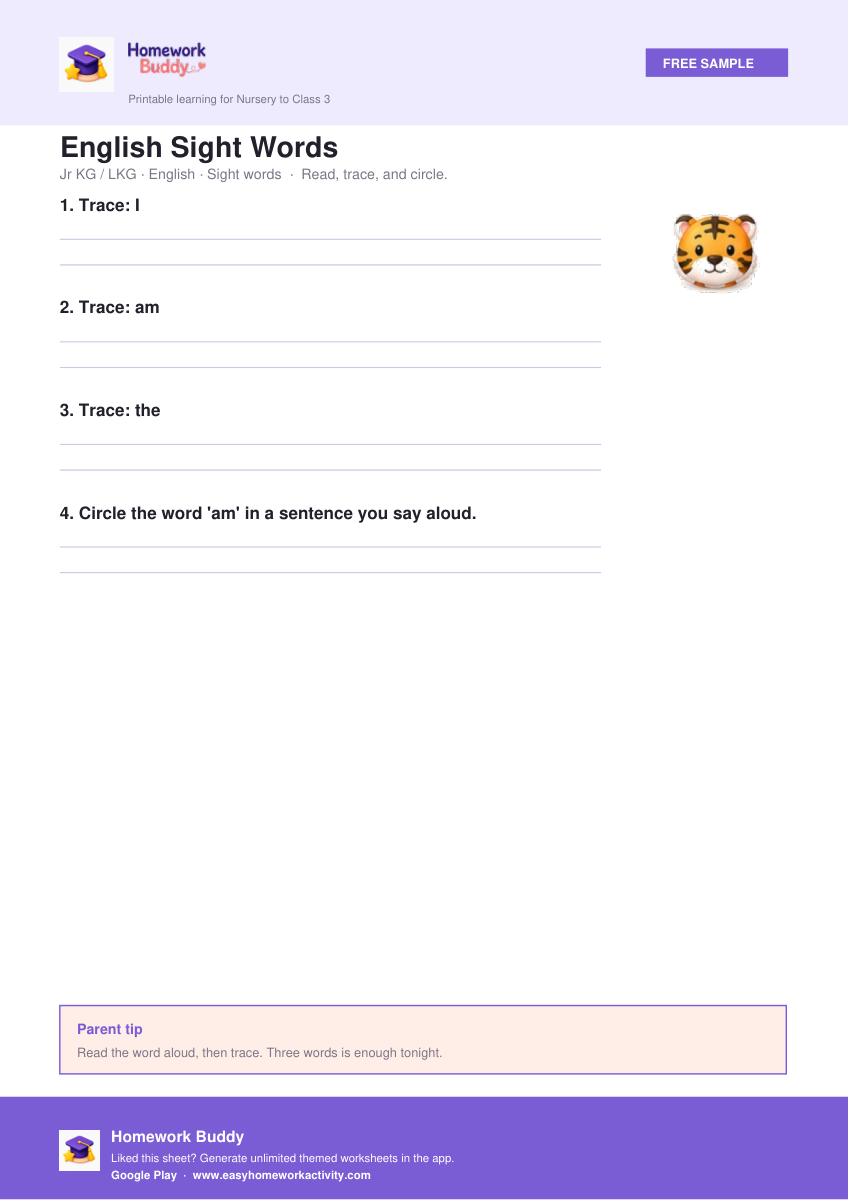 English Sight Words — free printable jr kg worksheet preview