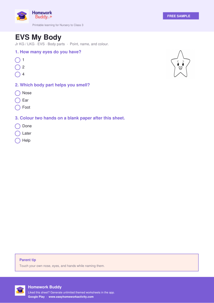 EVS My Body — free printable jr kg worksheet preview
