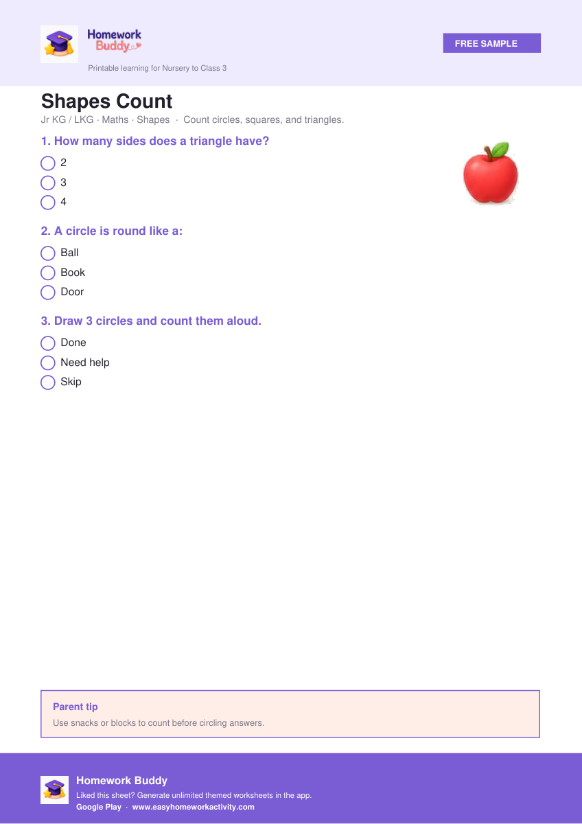 Shapes Count — free printable jr kg worksheet preview