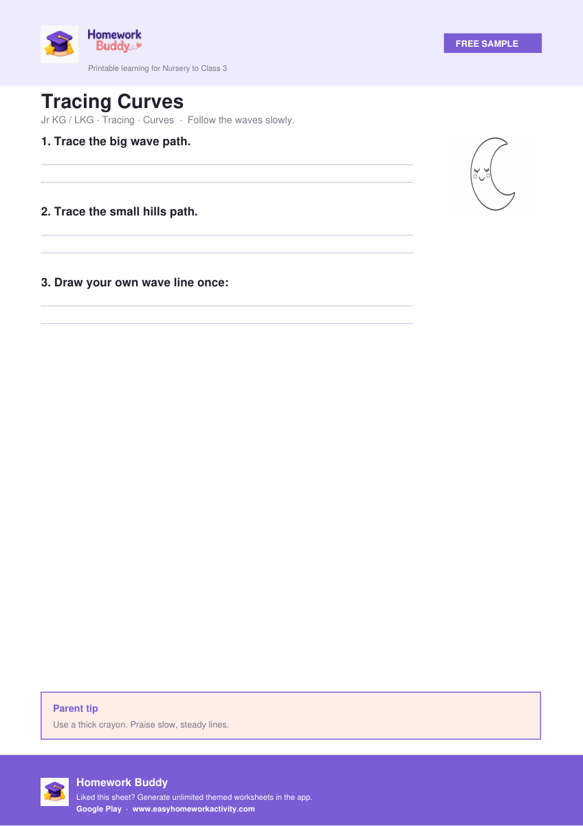 Tracing Curves — free printable jr kg worksheet preview