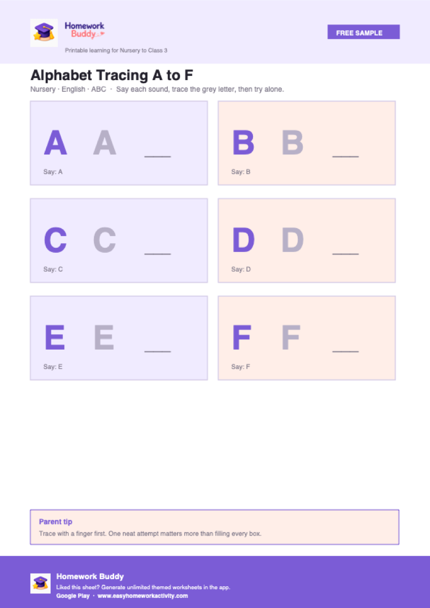 Nursery alphabet tracing worksheet A to F free printable ABC PDF preview