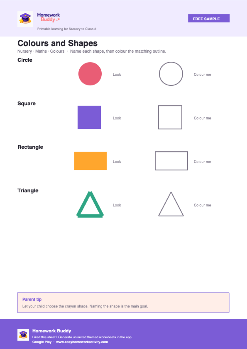 Nursery colours and shapes worksheet circle square triangle free printable preview