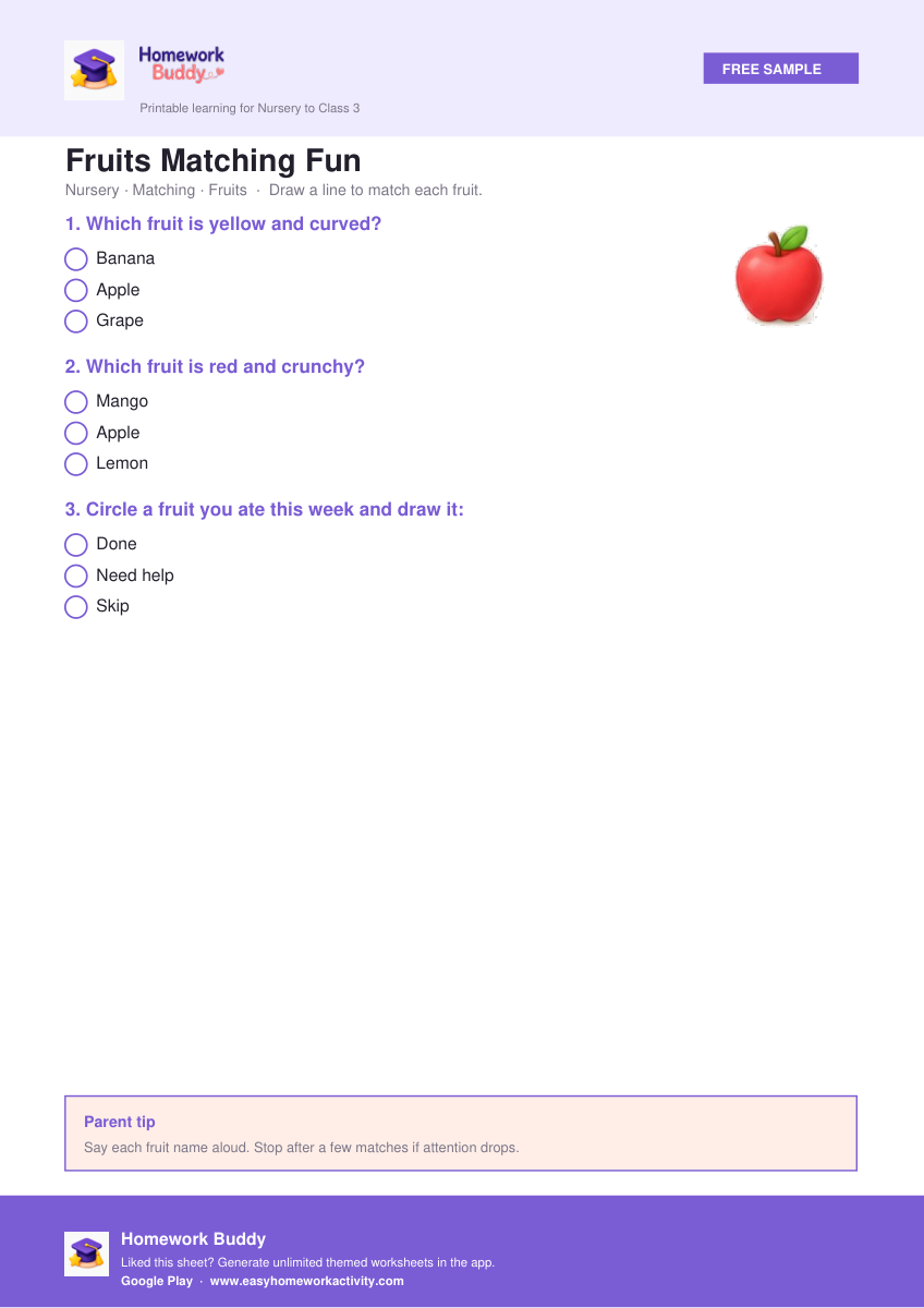 Fruits Matching Fun — free printable nursery worksheet preview