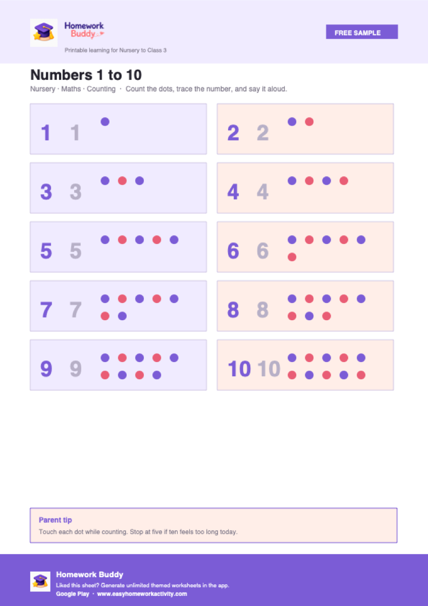 Nursery numbers 1 to 10 counting and tracing worksheet free PDF preview
