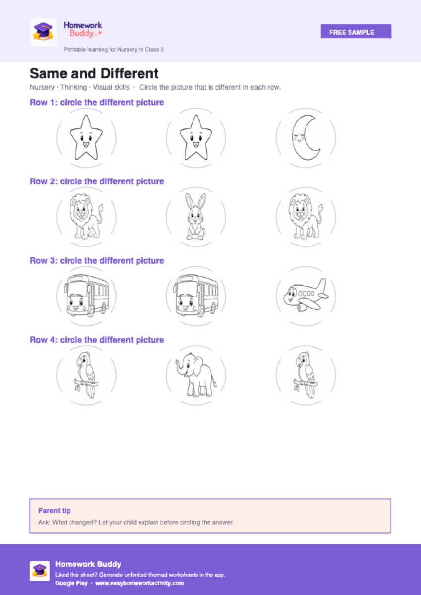 Nursery same and different pictures worksheet free printable reasoning PDF preview