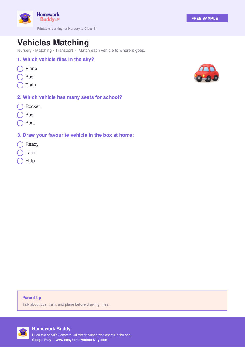 Vehicles Matching — free printable nursery worksheet preview