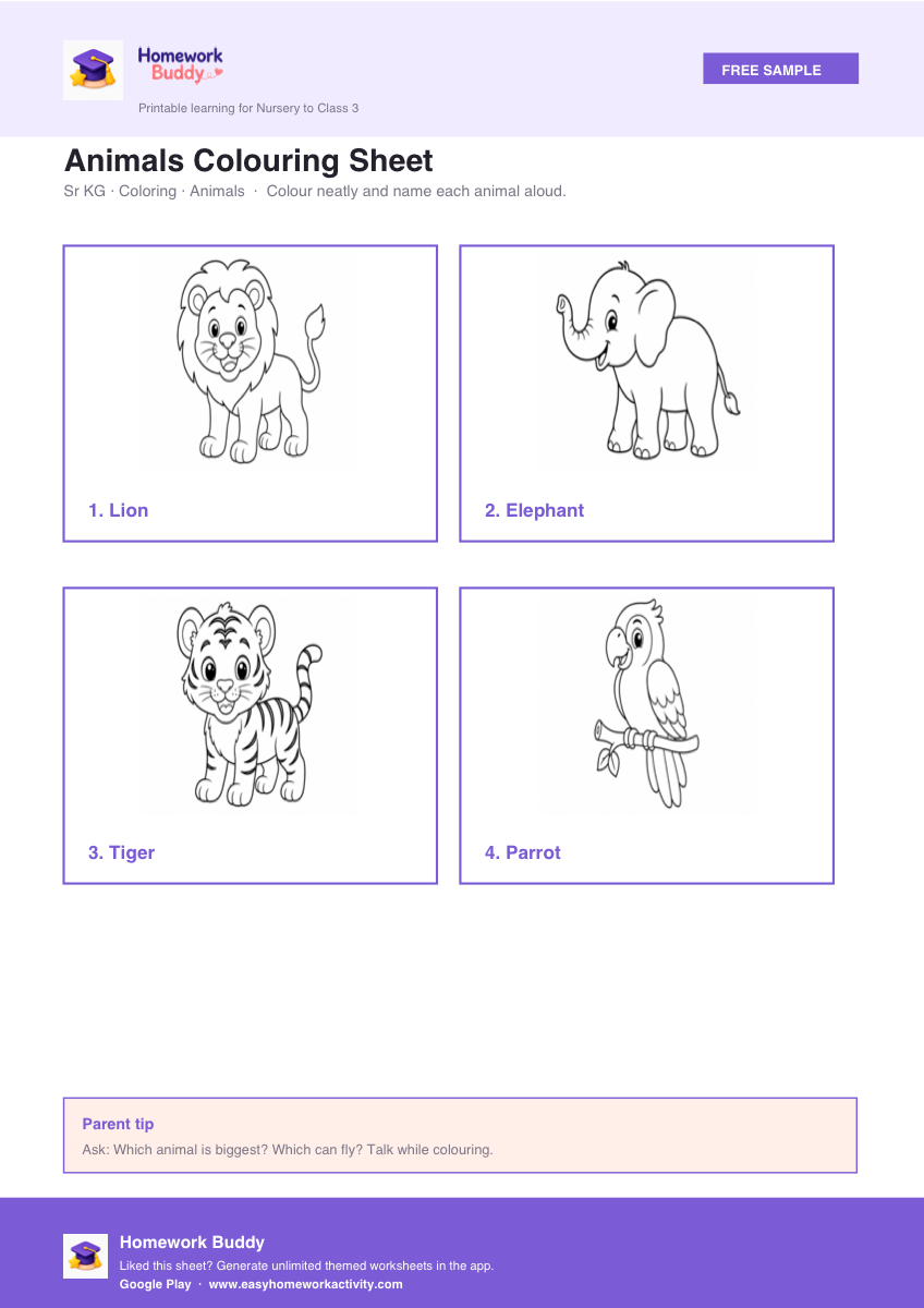 Sr KG animals colouring worksheet printable homework preview