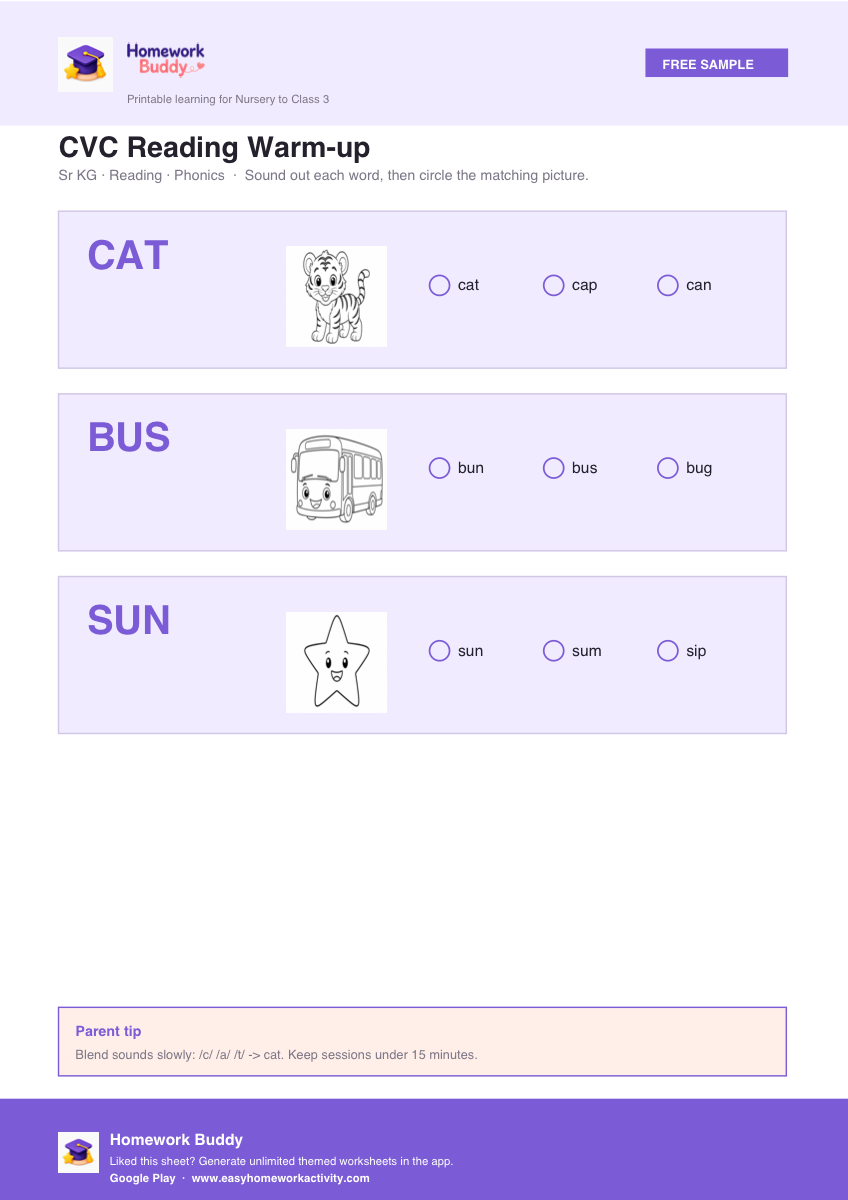 Sr KG CVC reading phonics worksheet printable free download