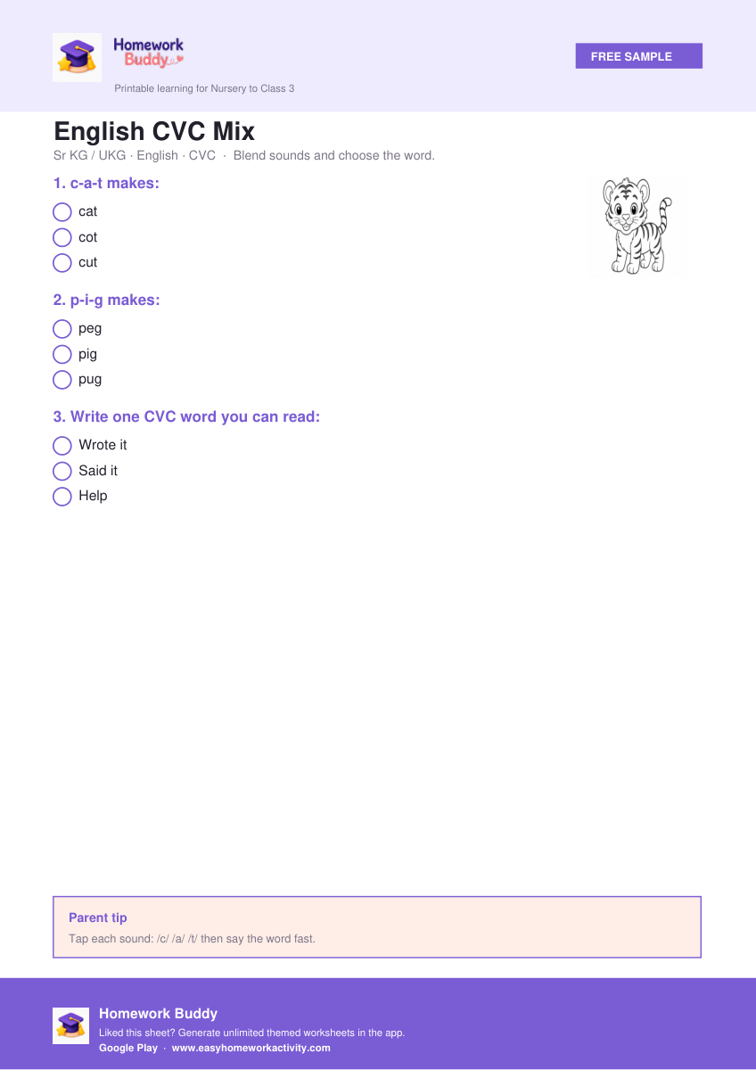 English CVC Mix — free printable sr kg worksheet preview