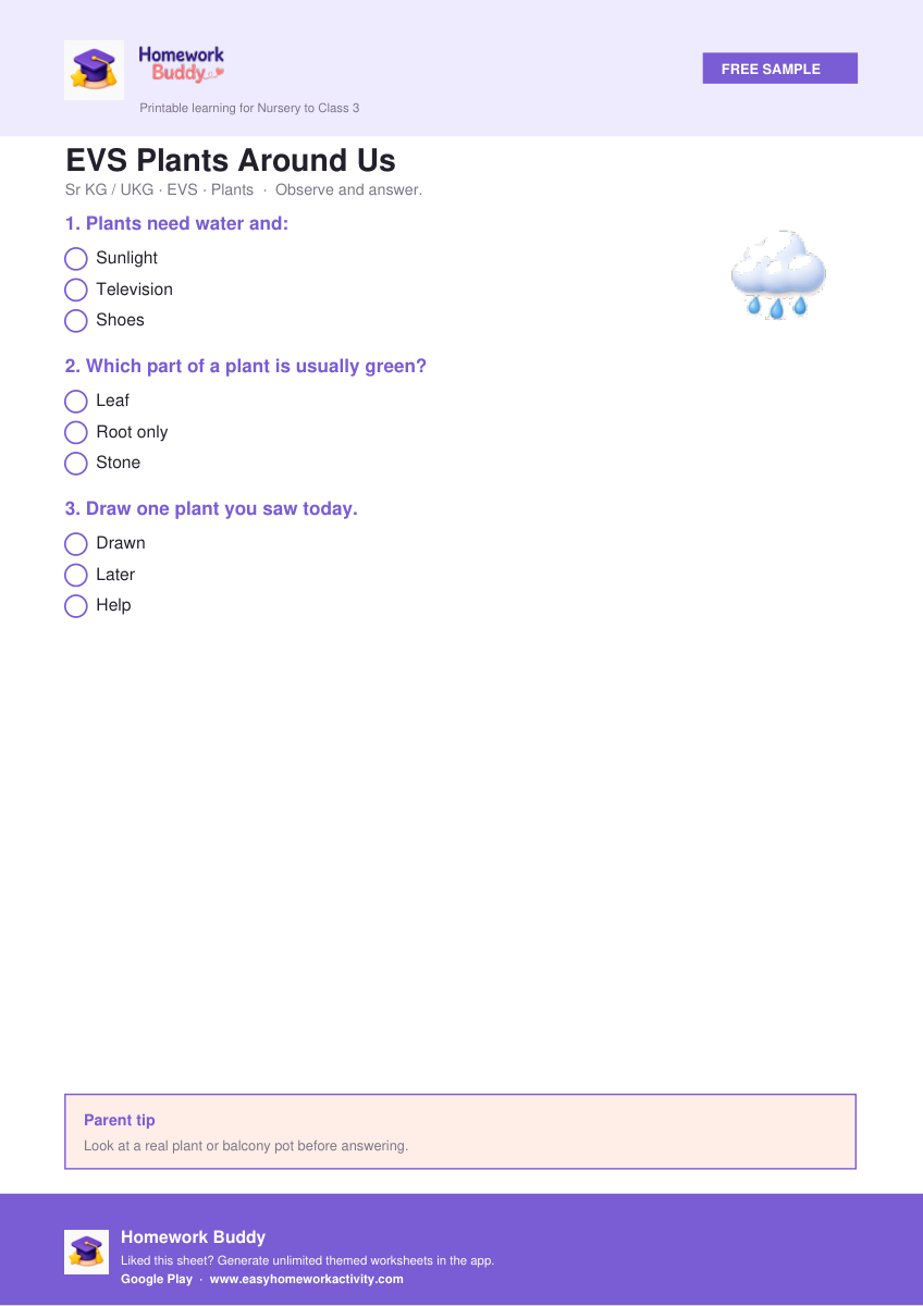 EVS Plants Around Us — free printable sr kg worksheet preview