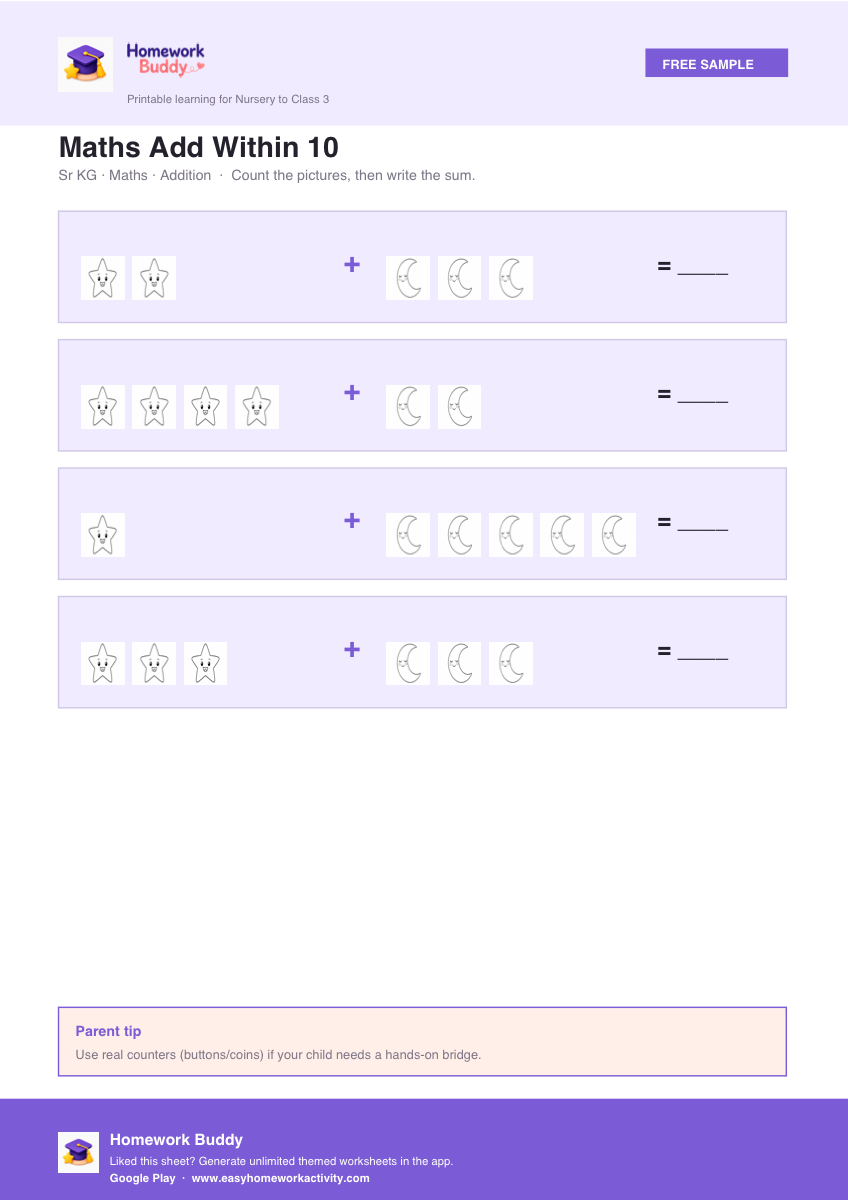 Sr KG addition within 10 maths worksheet printable preview